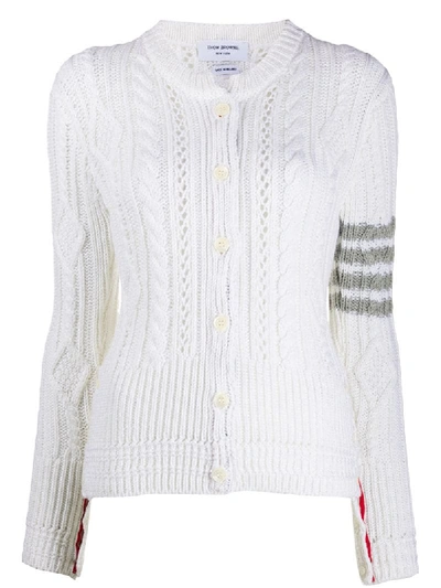 Thom Browne 4-bar Aran Cable Knit Cardigan In White