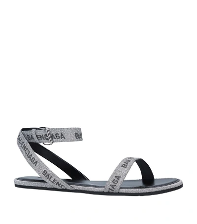 Balenciaga Round Flat Leather Logo Ankle-wrap Sandals In Silver