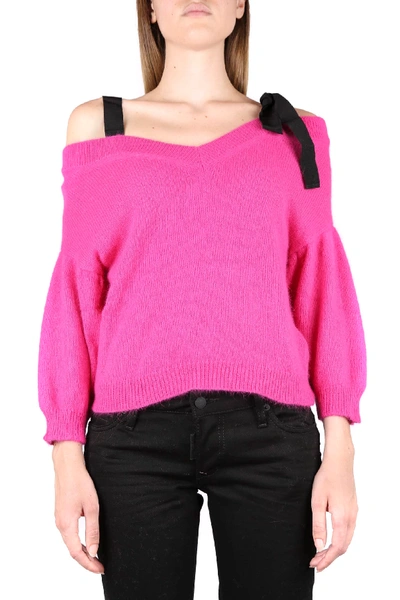 Red Valentino Angora Sweater With Contrasting Ribbons In Glossy Pink
