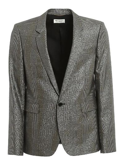 Saint Laurent Wool Blend Lamé Single-breasted Blazer In Silver