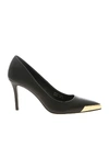 Versace Jeans Couture Elegant Black Pumps With Iconic Gold Accent And Luxurious Leather Finish In Black