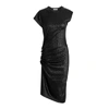 PACO RABANNE BLACK RUCHED LAMÉ MIDI DRESS,3887392