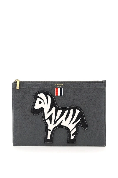 Thom Browne Document Pouch With Zebra Patch In Grey,white,black