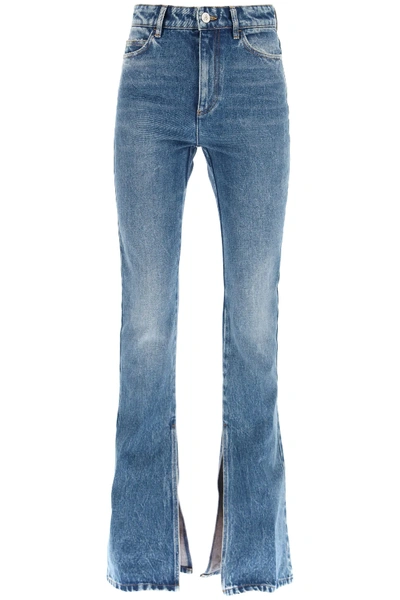 Attico Cotton Denim Flared Jeans W/ankle Slits In Blue