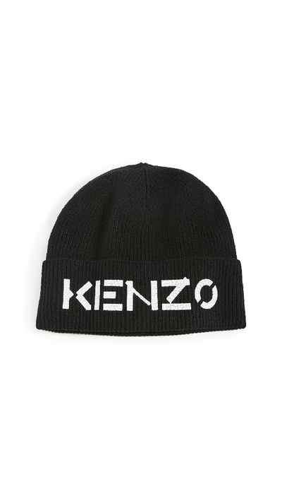 Kenzo 黑色 Painted Logo 羊毛毛线帽 In Black