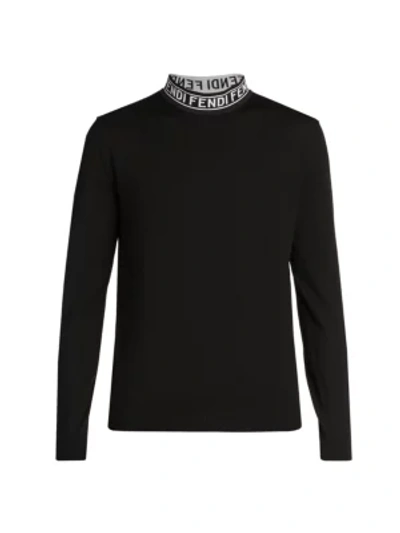 Fendi Logo Tape Collar Long-sleeve T-shirt In Black