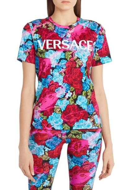 Versace Floral Print Logo Embroidered Graphic Tee In Red/ Baby Blue/ Fuchsia