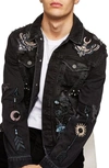 Topman Sleepy Hollow Slim Fit Denim Jacket With Patches In Black Multi