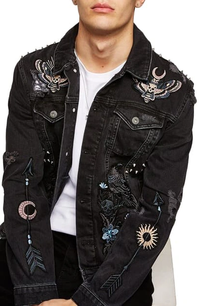 Topman Sleepy Hollow Slim Fit Denim Jacket With Patches In Black Multi