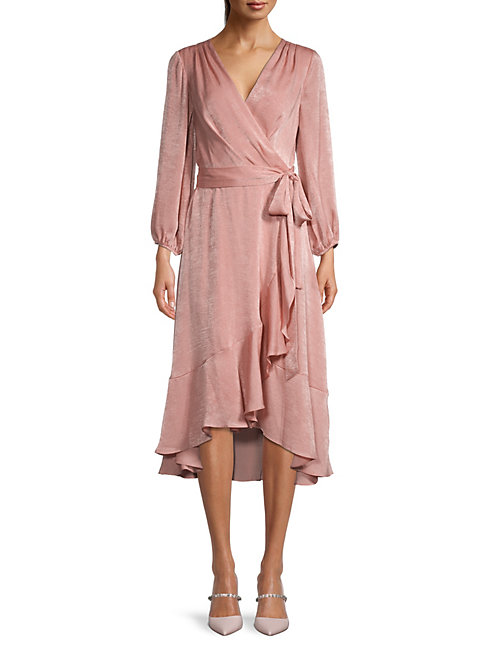 satin ruffle wrap dress