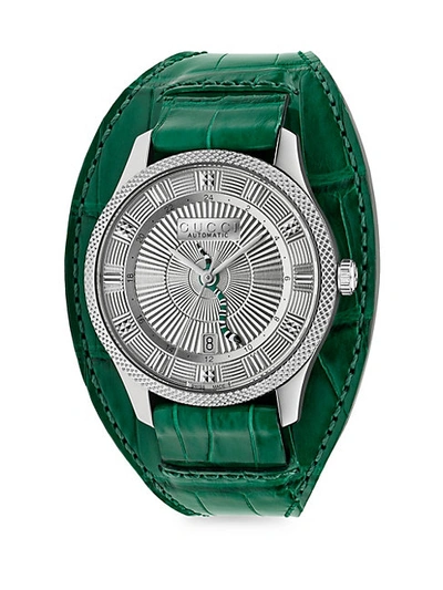 Gucci Eryz Round Stainless Steel Emerald Alligator Leather Cuff Watch