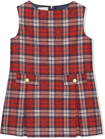 Gucci Kids' Navy Gingham G Logo Twill Pinafore Dress In Red