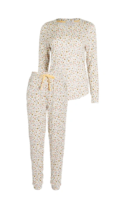 Emerson Road Whisperluxe Crew Neck With Jogger Pyjama Set In Sunflower Ditsy White