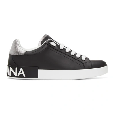 Dolce & Gabbana Portofino Sneakers In Black Leather With Silver Inserts Dolce E Gabbana