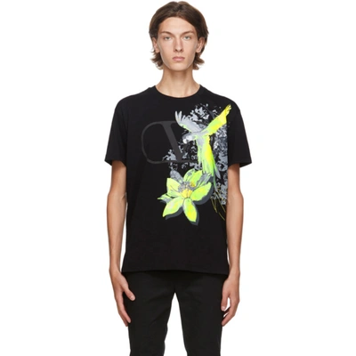 Valentino Jungle Parrot-print V-logo Cotton T-shirt In Black