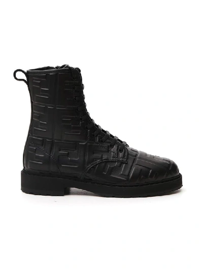 Fendi Logo-embossed Leather Ankle Boots In Black