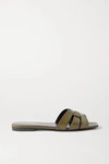 Saint Laurent Woven Leather Flat Slide Sandals In Army Green