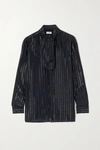 SAINT LAURENT TIE-NECK STRIPED METALLIC SILK-BLEND SHIRT