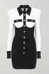 BALMAIN BUTTON-EMBELLISHED TWO-TONE STRETCH-KNIT MINI DRESS