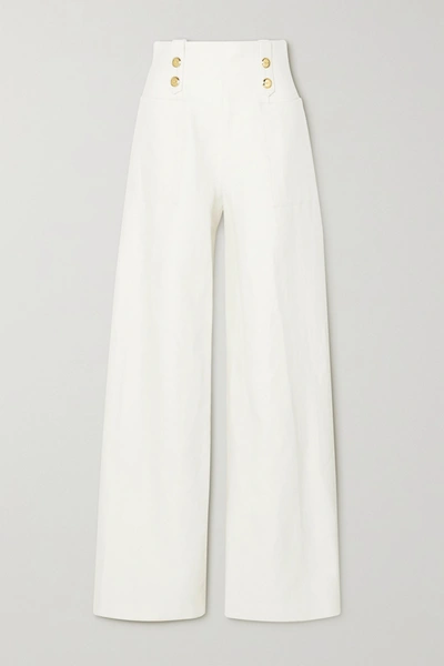 Artclub Vita Button-embellished Cotton And Linen-blend Wide-leg Trousers In Ivory