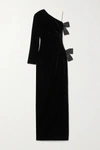 SAINT LAURENT ONE-SLEEVE BOW-EMBELLISHED CUTOUT VELVET GOWN