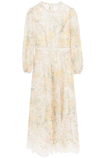 Zimmermann Amelie Floral Linen-blend Lace Eyelet Puff-sleeve Dress In Ivory