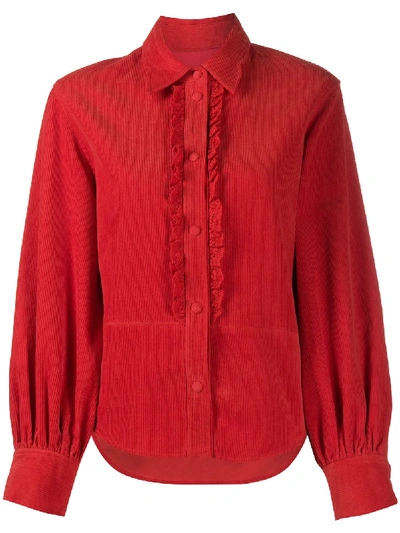 Pushbutton Ruffled Corduroy Shirt In Red