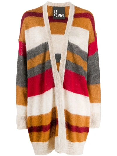 8pm Striped Open Front Cardi-coat In White