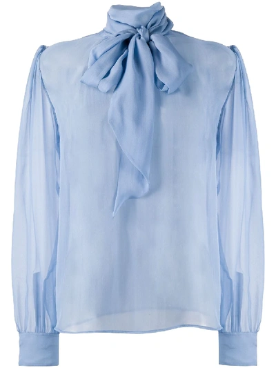 Saint Laurent Pussy-bow Silk Blouse In Blue