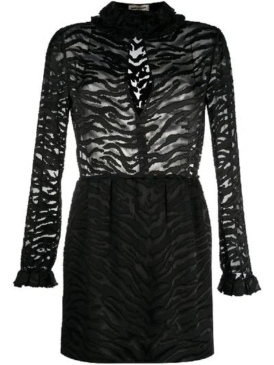 Saint Laurent Zebra Print Sheer Dress In Black