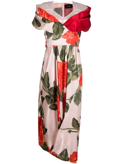 Simone Rocha Asymmetric Tulle-paneled Floral-print Silk-satin Midi Dress In Multi
