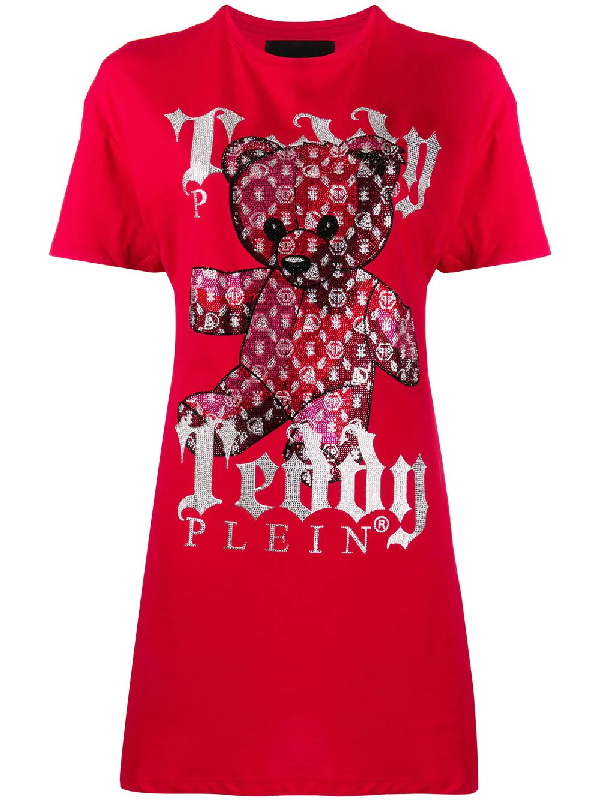 Philipp Plein Teddy Bear-print T-shirt Mini Dress In Red | ModeSens