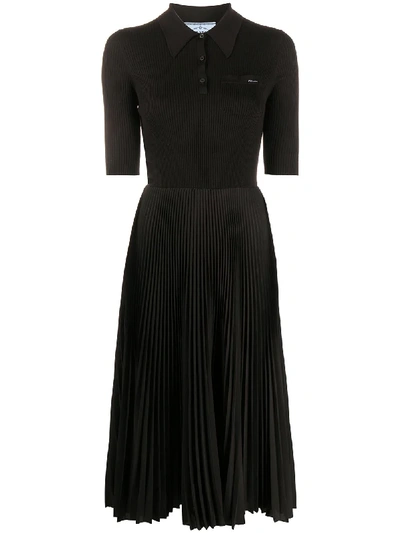 Prada Polo-collar Pleated Midi-dress In Schwarz