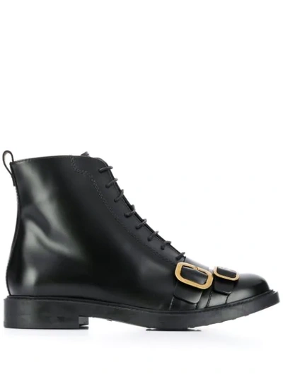 Tod's Lace Up Ankle Boots With Buckle Detailing In Black