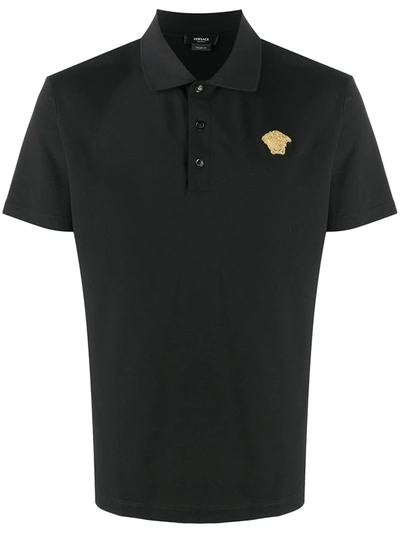Versace Medusa Logo Embroidered Short-sleeved Polo Shirt In Black