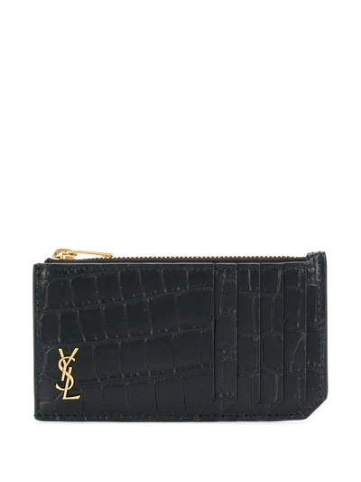 Saint Laurent Ysl Logo Crocodile-effect Leather Card Holder In Black
