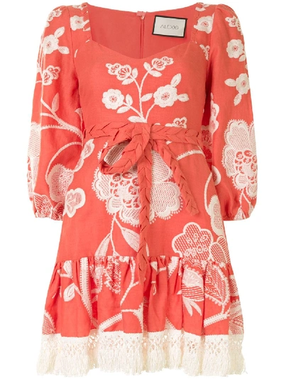 Alexis Claribel Floral Embroidered Flounce Dress In Coral Embroidery