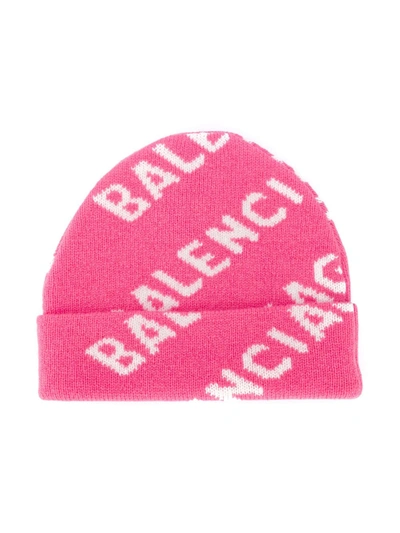 Balenciaga Wool Hat With Allover Logo In Pink