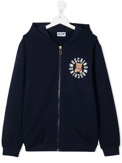 Moschino Teen Logo Print Zipped-front Hoodie In Blue