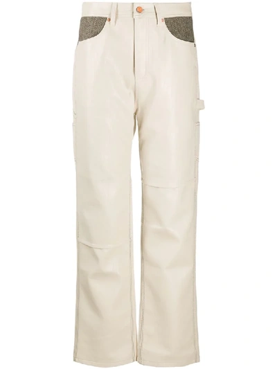 Andersson Bell Mabel Vegan Leather And Herringbone Wool-blend Straight-leg Trousers In Cream