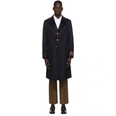 Gucci Cashmere-blend Coat With Logo In Blue