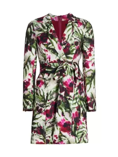 Badgley Mischka Floral Wrap Suit Dress In Light Ivory Raspberry