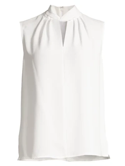 Misook Pleated Mock-neck Crepe De Chine Blouse In White