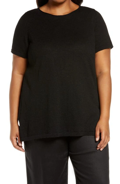 Eileen Fisher Roll Neck Organic Cotton & Linen Short Sleeve Sweater In Black