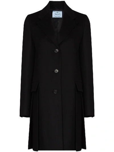 Prada Single-breasted Virgin Wool Pleated Mini Coat Dress In Schwarz