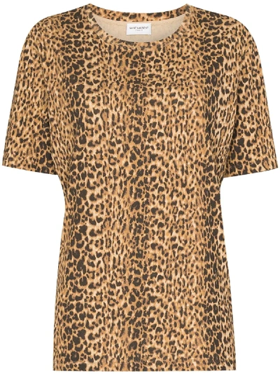 Saint Laurent Leopard-print Short-sleeve T-shirt In Brown