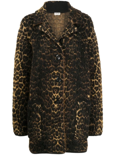 Saint Laurent Leopard-jacquard Wool-blend Coat In Brown