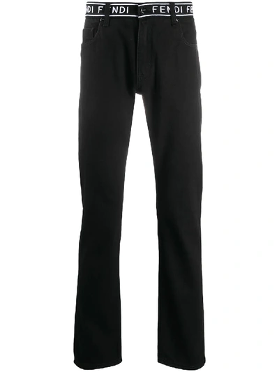 Fendi Logo-tape Straight-leg Jeans In Black