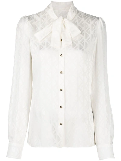 Dolce & Gabbana Pussy-bow Neck Logo Jacquard Silk Shirt In White