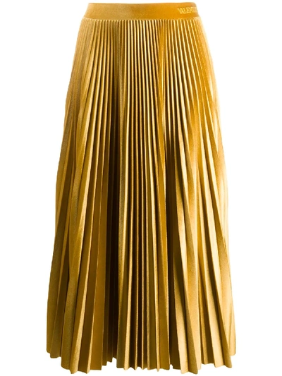 Valentino Logo-embroidered Pleated Velvet-jersey Midi Skirt In Yellow